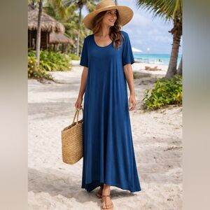 Eileen Fisher Coast Blue Short Sleeve A Line Long Maxi Dress